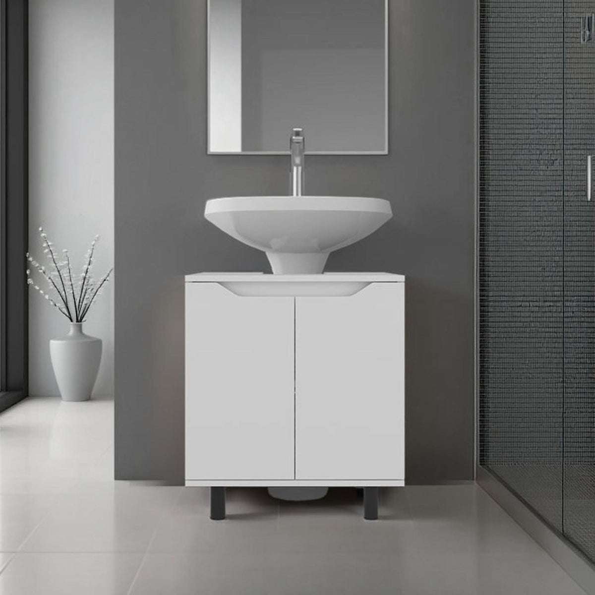 Jason Under Sink Cabinet with Two Doors and Interior Storage Shelves, Cut-Out Back, 22 Wide Freestanding, Modern Bathroom Storage
