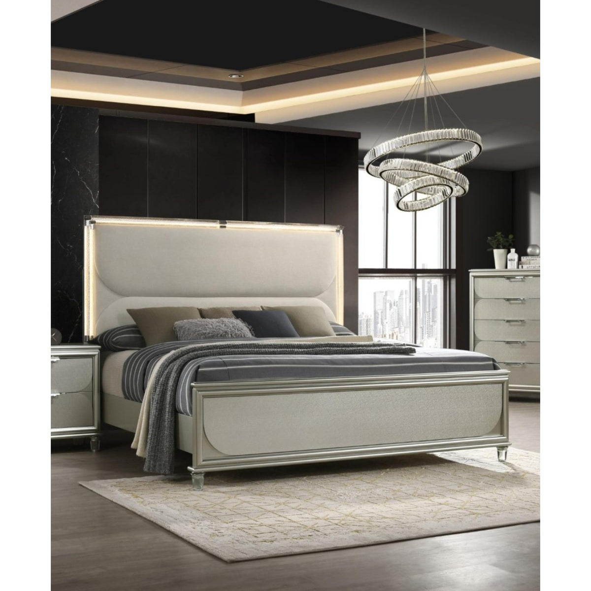 Contemporary Glam Silver Fabric Upholstered Queen Size Bed w LED Embossed Panel 1pc Bedframe Bedroom Furniture
