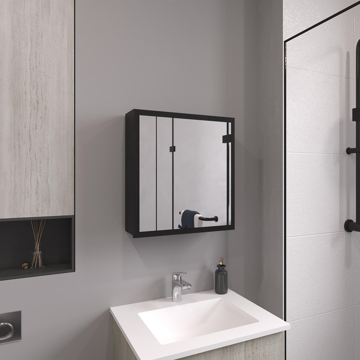 Pandora 21.1" H x 19.7" W Mirror Medicine Cabinet, One door with Four interior Shelves for Bathroom, Kitchen Black