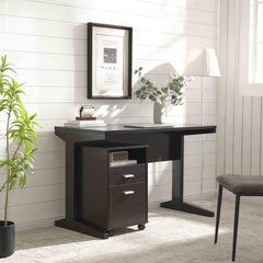 Home office desk with modesty panel and detached file cabinet on locking wheels with two drawers file drawer cubby shelf metal bar handle Red Cocoa color