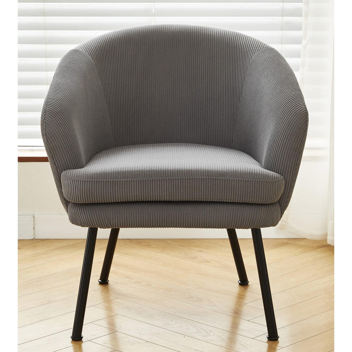 Corduroy Accent Chair with Black Metal Legs, Modern Upholstered Armchair, Comfy Barrel Chair for Living Room Bedroom