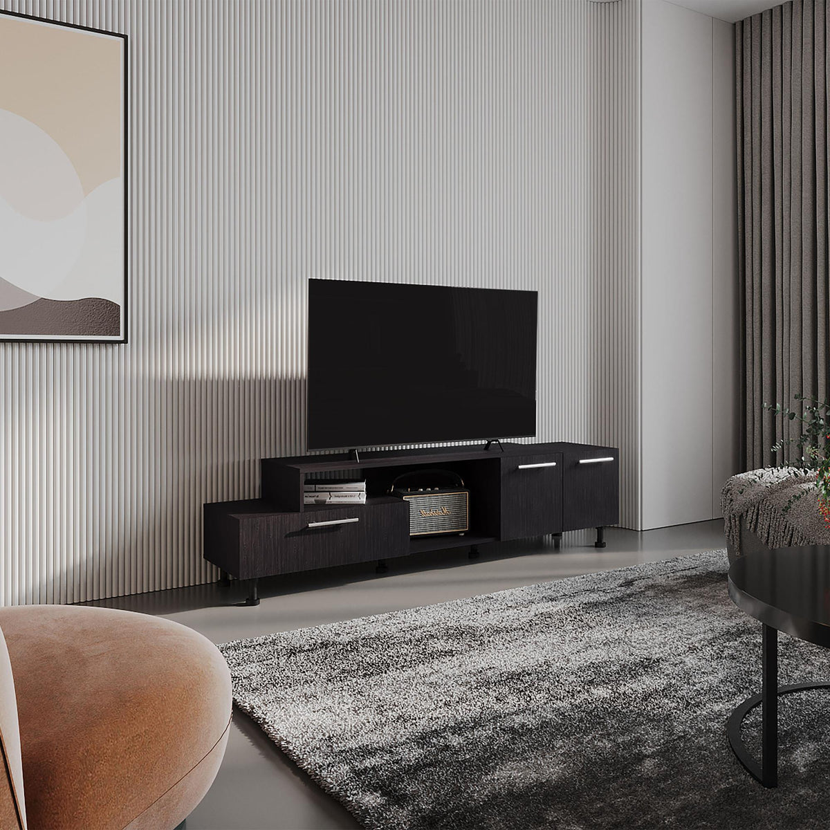 Vista 69" Wide Two-Tier Tv Stand Black with one pull-down door cabinet, one double-door cabinet and two Shelves, Cable Management, Living room Black Wengue