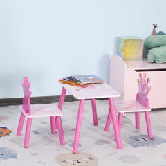 Qaba 3-Piece Kids Wooden Table and Chair Set with Crown Pattern Gift for Girls Toddlers Arts Reading Writing Age 2-4 Years Pink