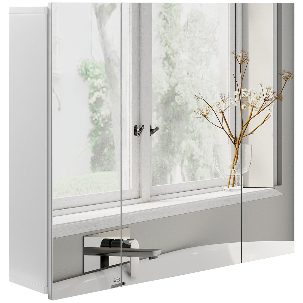 Wall Mounted Mirror Cabinet, Bathroom Medicine Cabinet with Mirror, 3 Doors and Adjustable Shelves, White