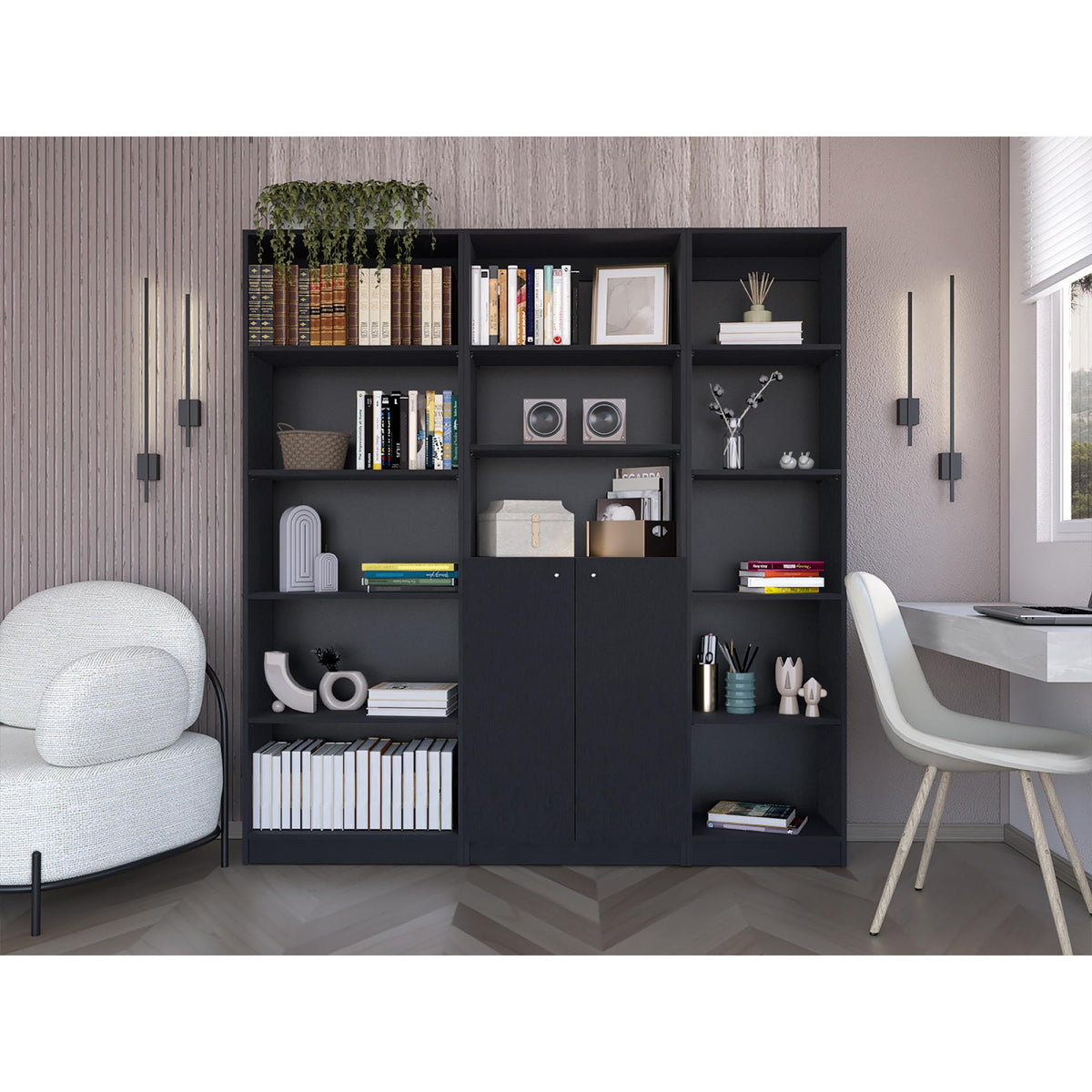 Eden 3 Piece Home Bookcase set, 67" Wide with 13 Shelves and Two-Door Cabinet , Living Room Set Set Black
