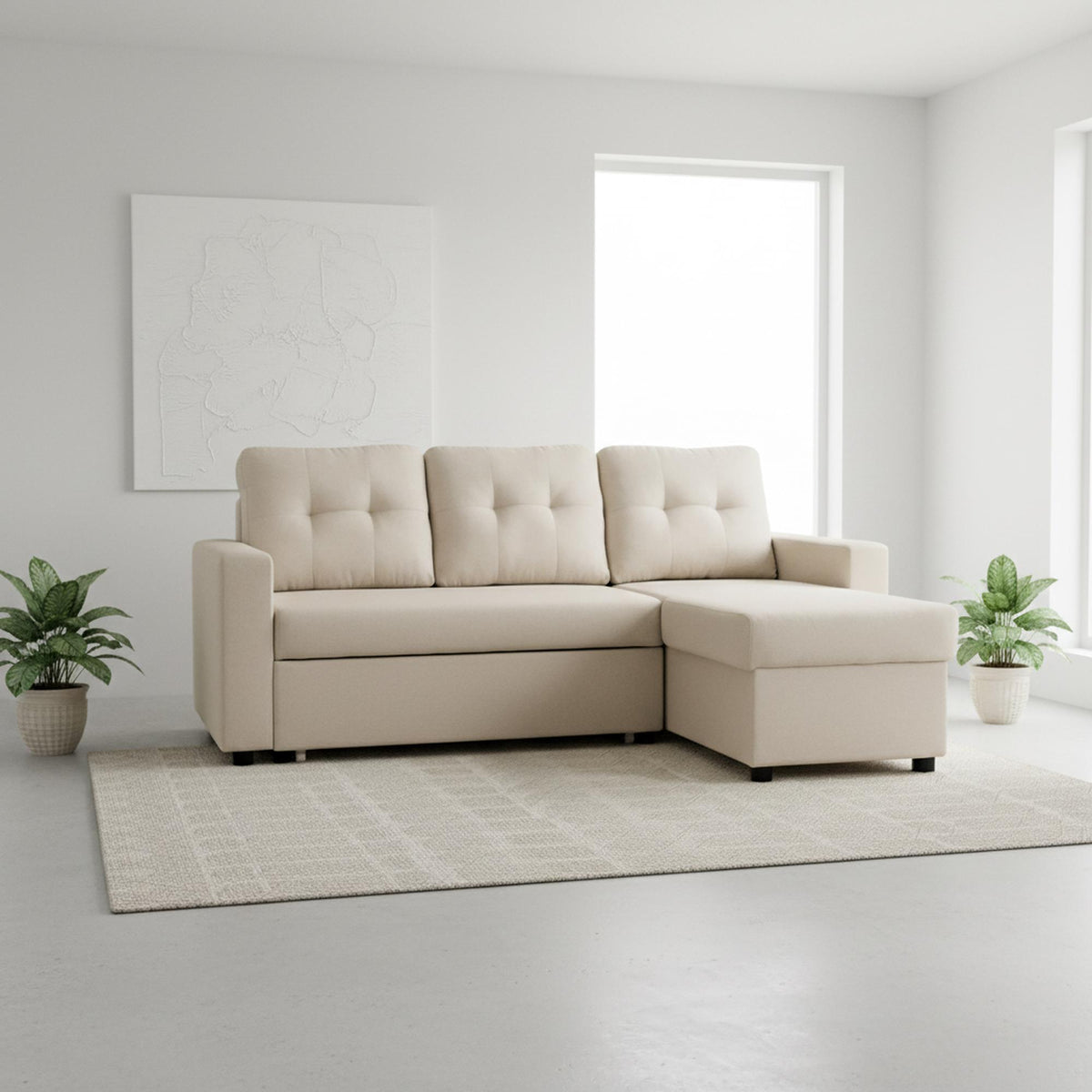 Convertible L-Shaped Sectional Sleeper Sofa Bed, Stylish Apartment Furniture, Saving Pull Out Couch for Small Spaces and Living Rooms, Beige