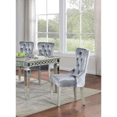 Classic Gray Flannelette 2pcs Side Chairs Crystal-like Acrylic Buttons Upholstered Wingback Dining Chair