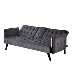 72" Velvet Convertible Sofa Bed with Cup Holders, Tufted Folding Futon Sleeper Couch, Mid-Century Modern 3 Seater for Small Spaces, 72" L x 34.6" D x 31" H, Dark Grey