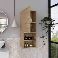 Display Single Door Cabinet 32" H, Two Interior Shelves, Two External Shelves, Light Oak