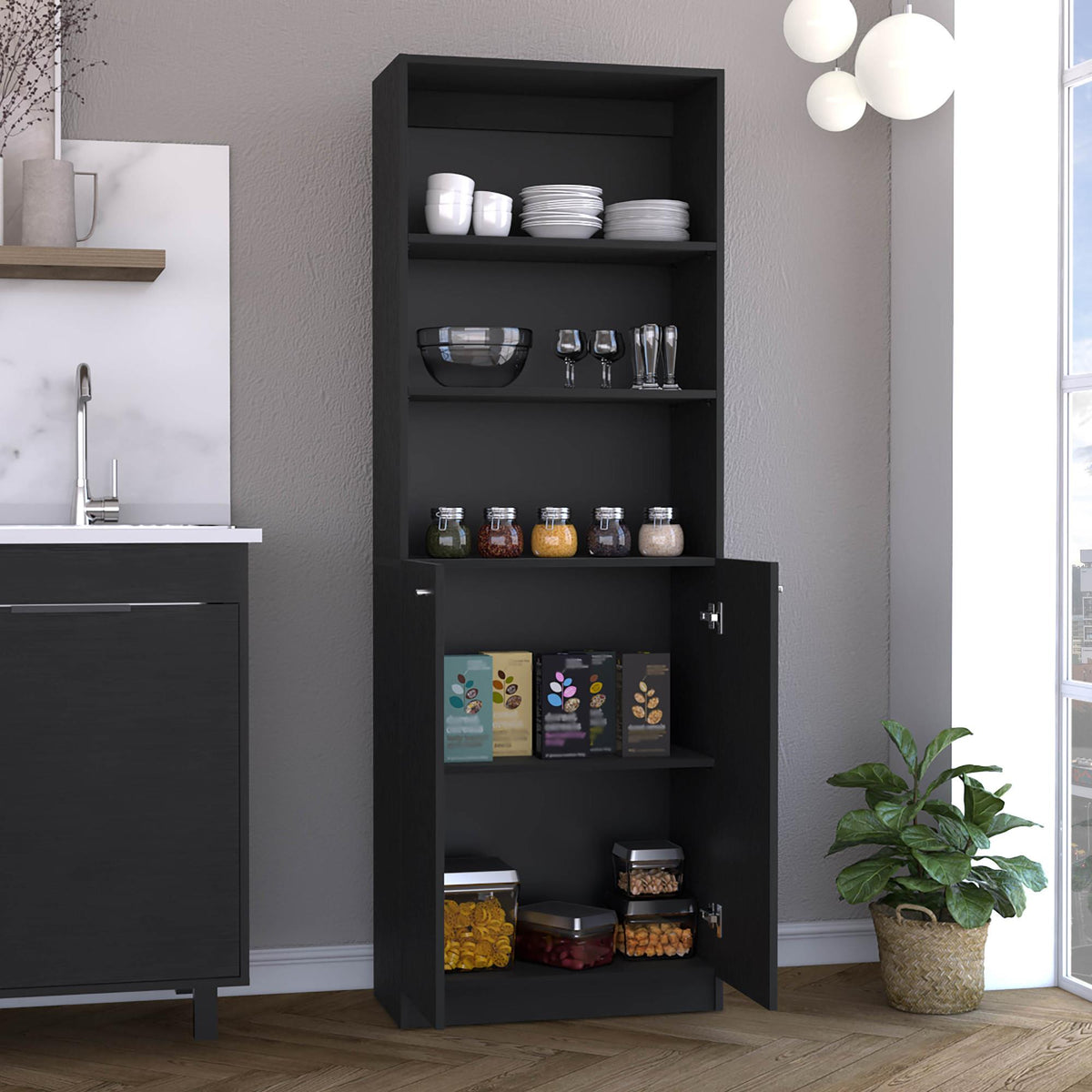 2-Door Bookcase with Upper Shelves, Black