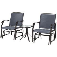 3 Piece Outdoor Glider Chair with Coffee Table Bistro Set, 2 Patio Rocking Swing Chairs with Breathable Sling Fabric, Glass Tabletop, for Backyard, Garden and Porch, Gray