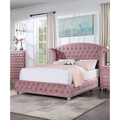 Glam Contemporary Pink Flannelette Upholstered 1pc Queen Size Bed Cabriole Legs Wingback Design Bedroom Furniture