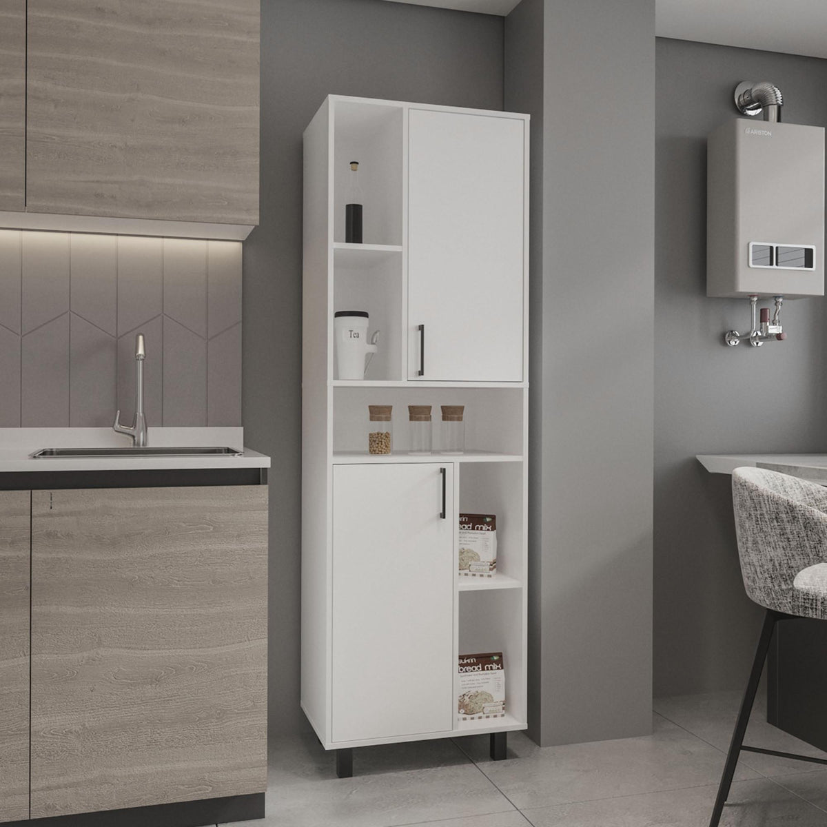 Hercules Pantry Cabinet With Two Doors And Multiple Storage Compartments, White