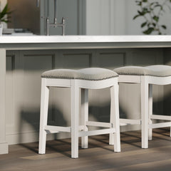 Sanctuary Counter-Height Backless Wood Saddle-Seat Barstool with Nailhead Trim, Farmhouse Whitewash with Gray Upholstered Seat, 1PC