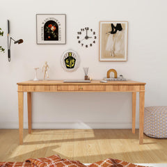 Rhea Modern Farmhouse 1-Drawer Fluted Home Office Writing Desk, Natural Blonde Solid Rubberwood & Rubberwood Veneer