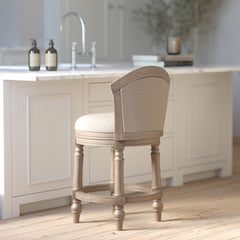 26" Wood Barrel-Back Counter-Height Bar Stool with Swivel and Upholstered Seat and Back, Uptown Gray with Beige Seat and Back, 1PC