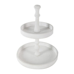 Aphrodite 15 Inch 2 Tier Round Decorative Serving Tray, White Wood Finish