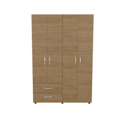 Hector Armoire with 4 Doors, 2 Drawers, And 2 Hanging Rod, Storage Cabinet for Living Room, Bedroom, or Entryway, Natural Oak