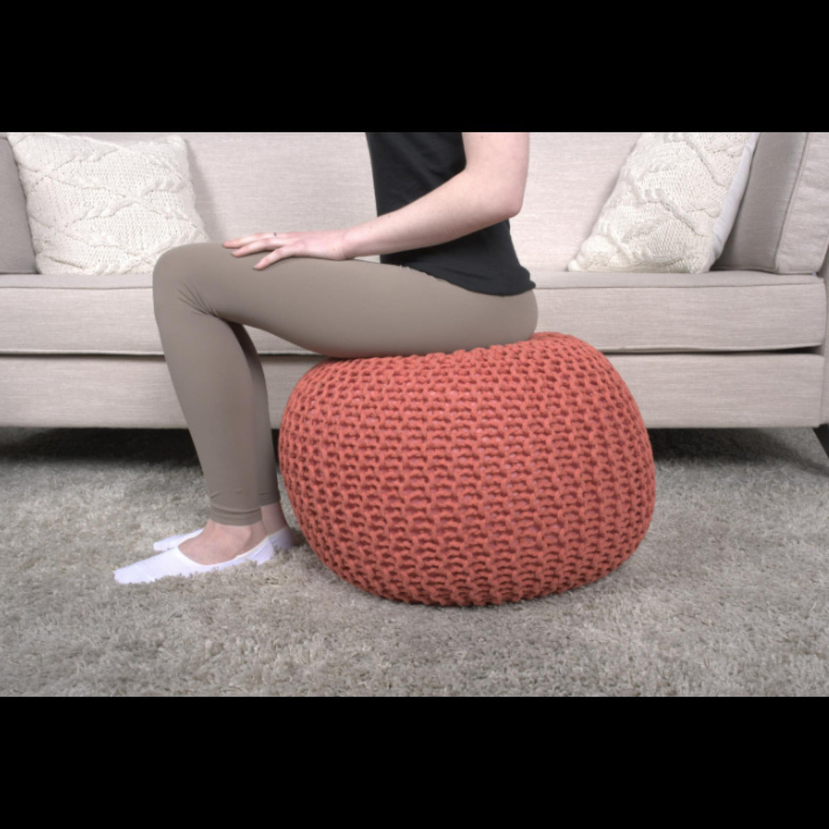 Poseidon Knitted Cotton Round Pouf, Coral
