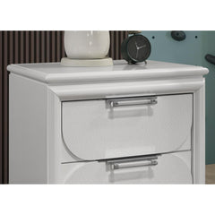 Contemporary Pearl White 1pc Nightstand Acrylic Handles Embossed Panels English Dovetails 2-Drawers Bedside Table