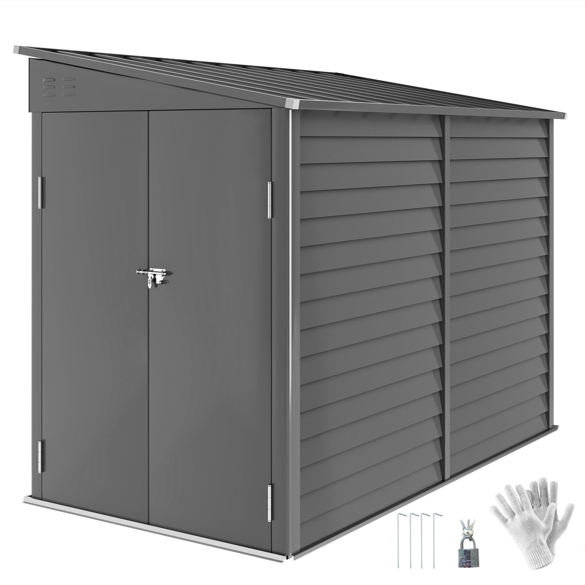 4.6' x 9' Outdoor Storage Shed, Lean to Metal Shed with Foundation Kit, Lockable Doors and Gloves for Patio, Lawn, Dark Gray