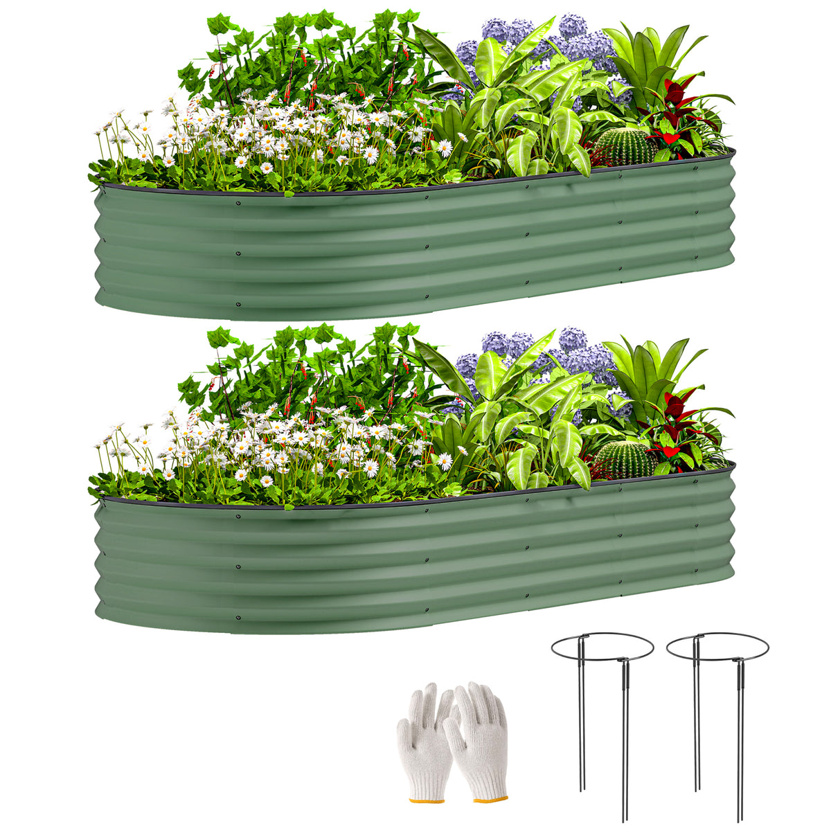 7' x 3' x 1' Raised Garden Bed Set, 2PCS Raised Beds for Gardening with Metal Plant Stakes, Green