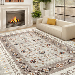 Machine Washable Area Rug 4x6, Non-Slip Boho Flannel Print Floor Carpet for Living Room, Bedroom, Dining Room, Brown