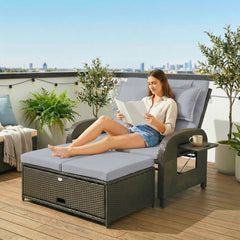 Patio Rattan Daybed, Wicker Outdoor Daybed with Storage Ottoman, Loveseat w/ Adjustable Backrest, Gray
