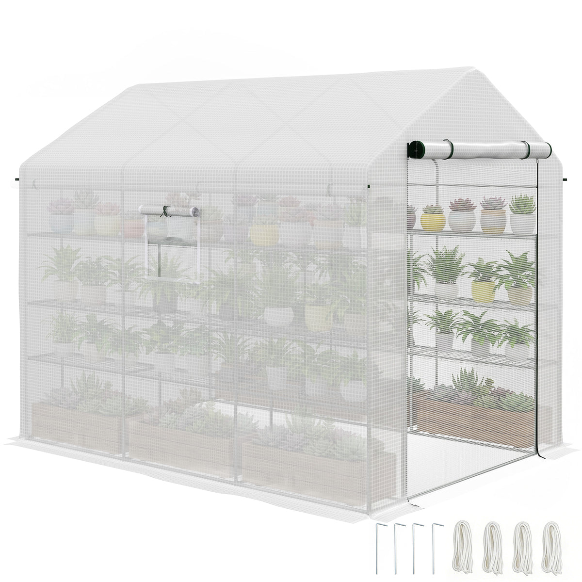 8' x 6' x 7' Portable Walk in Greenhouse with Mesh, Door, Windows, 18 Shelf, Trellis, Plant Labels, White