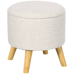 Round Ottoman Stool with Storage, Linen Fabric Upholstered Foot Stool with Padded Seat, Hidden Space and Wood Legs