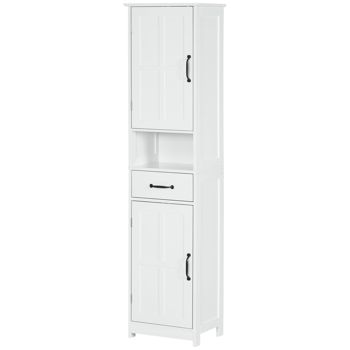 Modern Bathroom Cabinet, Narrow Storage Cabinet with Open Shelf, Drawer, Recessed Doors and Adjustable Shelves, White