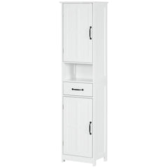 Modern Bathroom Cabinet, Narrow Storage Cabinet with Open Shelf, Drawer, Recessed Doors and Adjustable Shelves, White