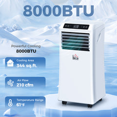 8000BTU Mobile Portable Air Conditioner with Cooling, Dehumidifier, and Ventilating with Remote Control, 2 Speed Fans, 24-Hour Timer for Bedroom, Living Room, Home Office, White