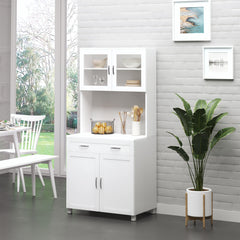 67" Buffet with Hutch, Modern Kitchen Pantry, Freestanding Cabinet with Glass Doors, Shelves and Drawers, White