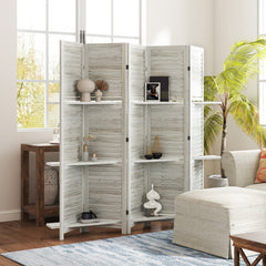 5 Panel 67" Tall Wood Privacy Screen Room Divider with 3 Shelves and Folding Storage for Bedroom, Distressed White