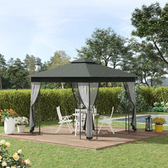  10' x 10' Metal Patio Gazebo, Double Roof Outdoor Gazebo Canopy Shelter with Tree Motifs Corner Frame and Netting, for Garden, Lawn, Backyard, and Deck, Gray