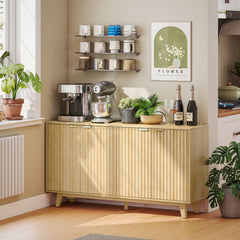 Fluted Sideboard Buffet Cabinet, 55" Coffee Bar Cabinet with 4 Doors, 2 Adjustable Shelves, 5 Wood Legs, Oak