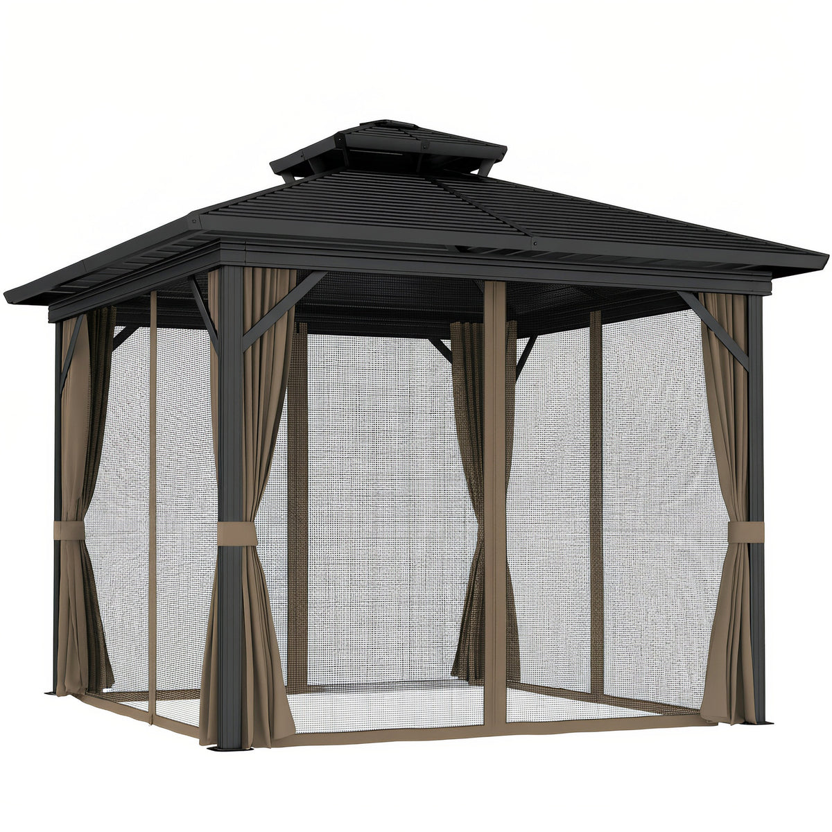 10' x 10' Hardtop Gazebo with Aluminum Frame, Metal Roof Gazebo Canopy w/ Hook, Curtains included, Dark Brown