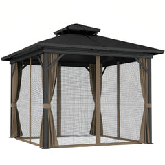 10' x 10' Hardtop Gazebo with Aluminum Frame, Metal Roof Gazebo Canopy w/ Hook, Curtains included, Dark Brown