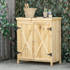 Garden Storage Cabinet, Outdoor Tool Shed with Galvanized Top and Two Shelves for Yard Tools or Pool Accessories, Natural