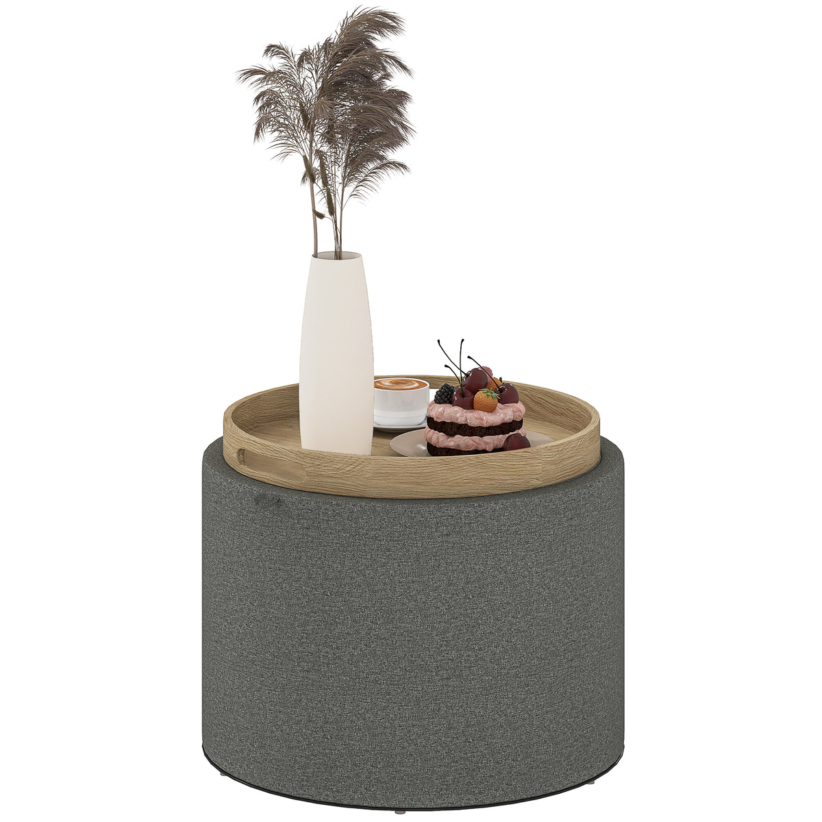 Round Storage Ottoman Coffee Table with Flip Top Tray, Linen Fabric Upholstered Footstool with Hidden Compartment