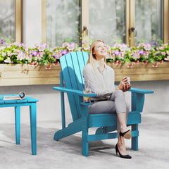 Oversized Adirondack Chair, Outdoor Fire Pit and Porch Seating, Classic Log Lounge w/ Built-in Cupholder, Sky Blue