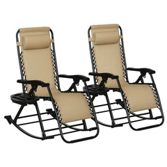 2 Outdoor Rocking Chairs Foldable Reclining Zero Gravity Lounge Rockers w/ Pillow Cup & Phone Holder, Beige
