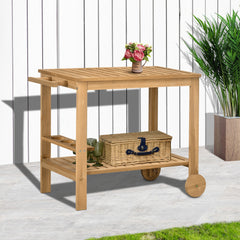 Outdoor Bar Cart, Wood Rolling Home Bar & Serving Cart ，2 Shelves, Wine Bottle Holders for Garden, Dining Room, Natural