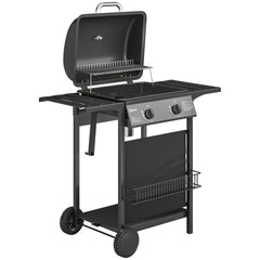 2 Burner Propane Gas Grill, 18000 BTU BBQ Grill with Wheels, Warming Rack, Shelf, Thermometer, Grease Cup, Black