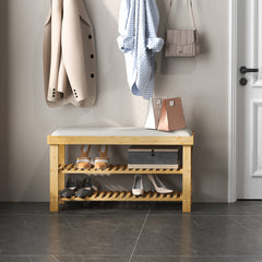Bamboo Shoe Storage Bench, 3-Tier Entryway Bench with Cushion, Shoe Organizer for Entryway, Hallway, Natural