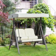 2-Person Patio Swing Bench with Adjustable Shade Canopy, Soft Cushions, Throw Pillows and Tray, Beige.