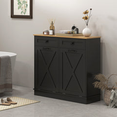 Tilt Out Laundry Hamper Cabinet, Bathroom Storage Cabinet with 2 Removable Baskets and 2 Drawers, Black