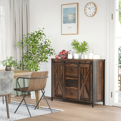 Buffet Cabinet Kitchen Sideboard with Sliding Barn Doors, Brown
