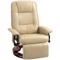 Swivel Recliner Chair, PU Leather Reclining Armchair with Retractable Footrest, Lounge Chair with Wood Base and Adjustable High Back for Small Spaces, Living Room, RV, Bedroom, Cream White